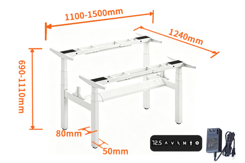 Dual workstation 4 leg 4 motor electric standing desk frame, white extendable double sit stand desk base with dimension size marking, complete control panel & power adapter kit