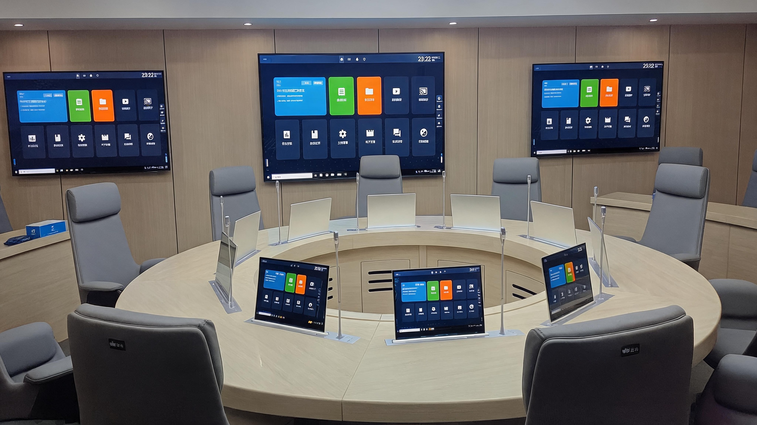 TianLift Complete paperless conference system with motorized pop-up LCD monitor lifts, full digital round meeting room solution with wall display screens and conference management software