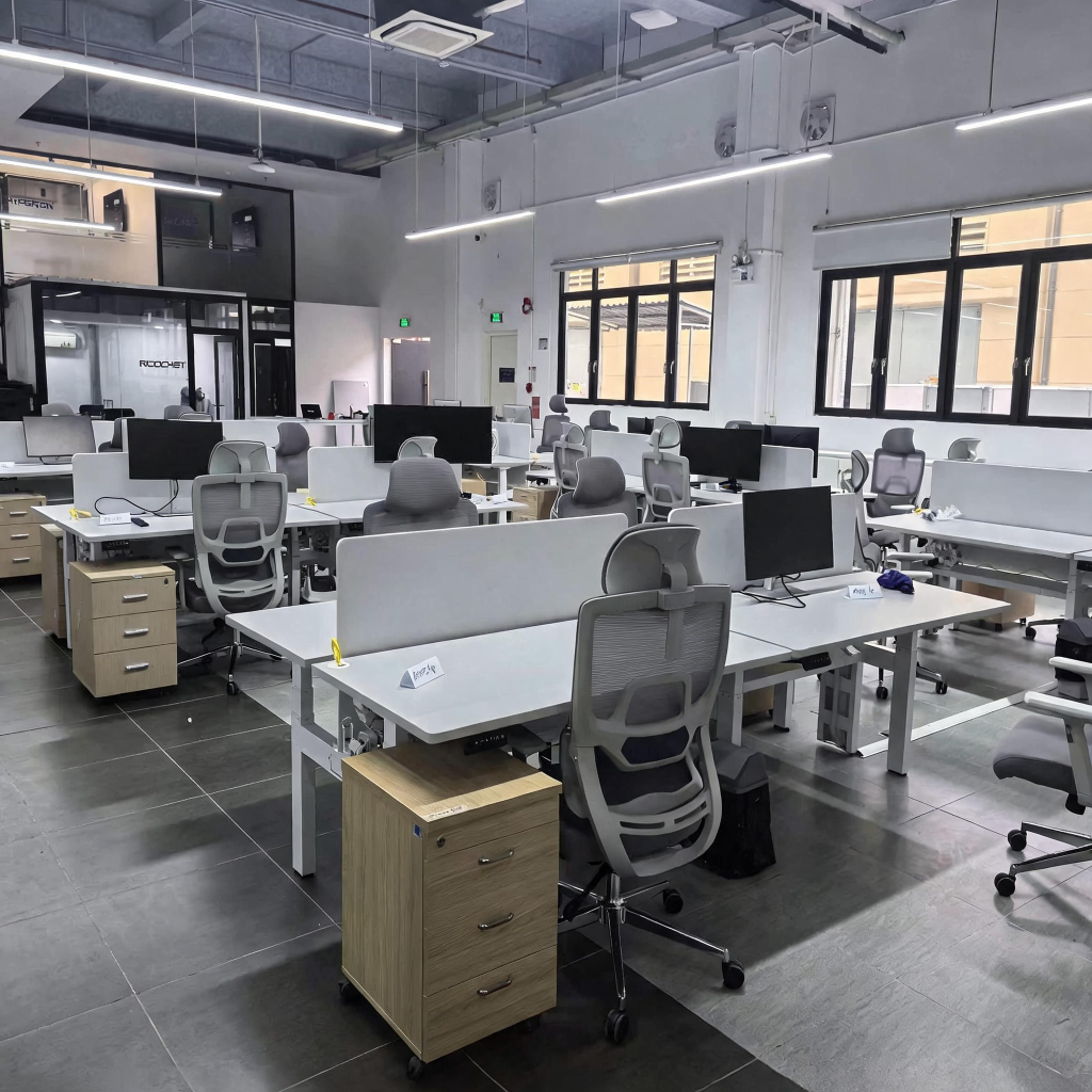 TianLift Open Office Workstation Project, Electric Height Adjustable Standing Desk with Ergonomic Mesh Office Chairs and Mobile Wood Pedestal Cabinets, Modern Industrial Office Furniture Solution