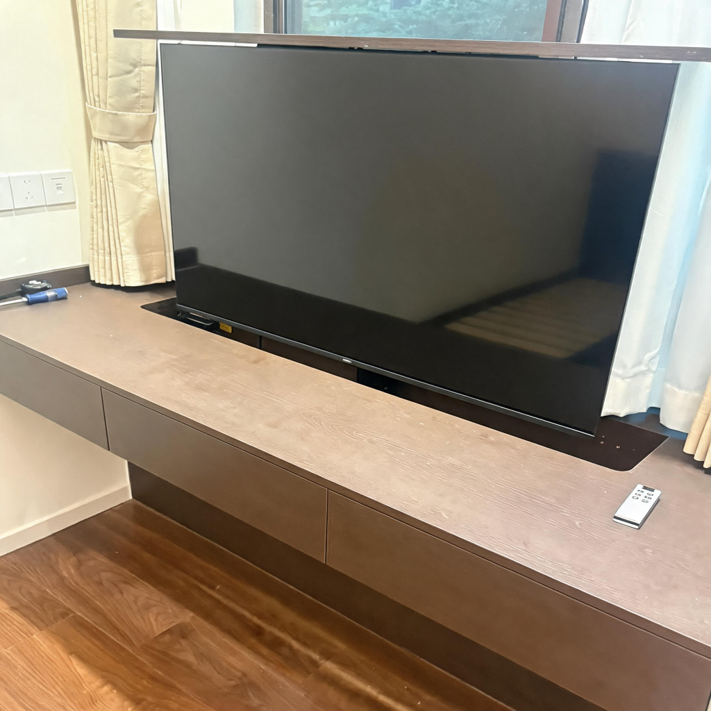 TianLift Concealed Electric TV Lift Built-in Floating Wooden TV Cabinet, Hidden Retractable TV Mount for Modern Home Living Room