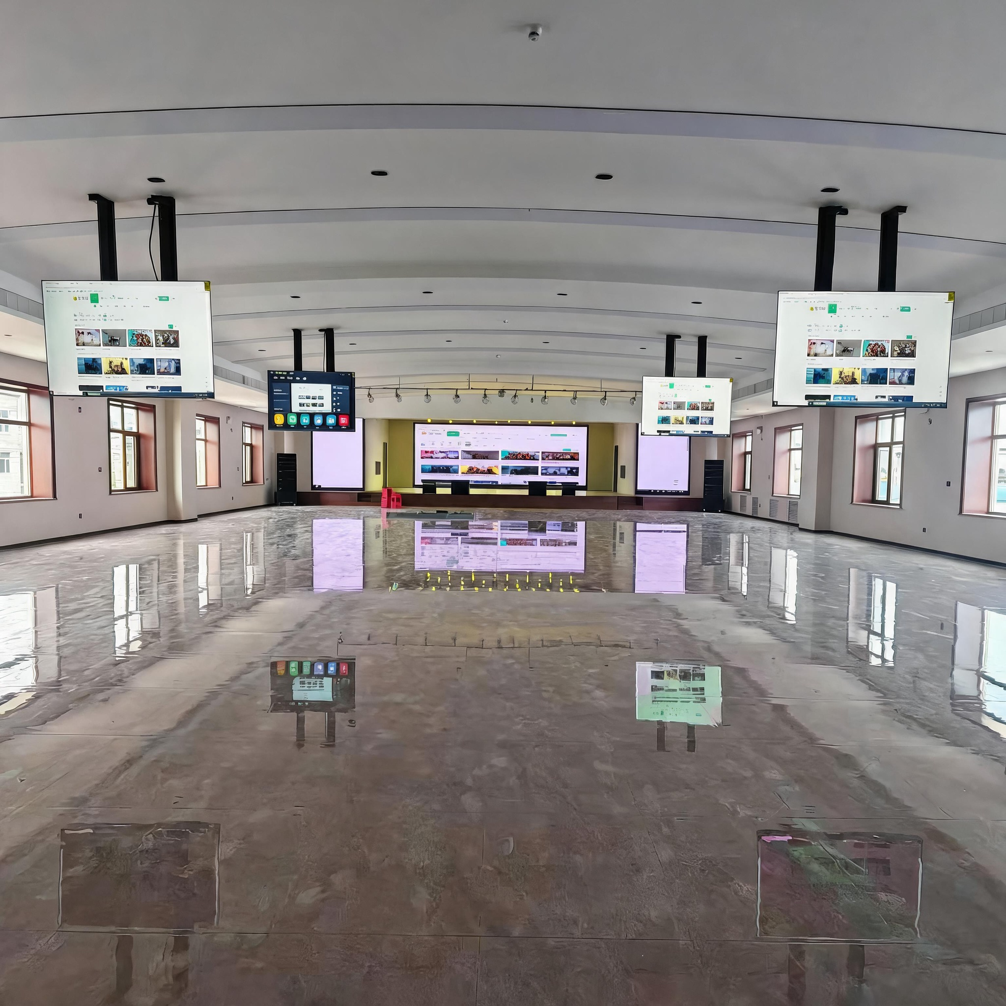 TianLift Double Pole Ceiling Electric TV Lift Real Project, Large Government Multi-function Auditorium Retractable Ceiling Display Bracket Installation Case
